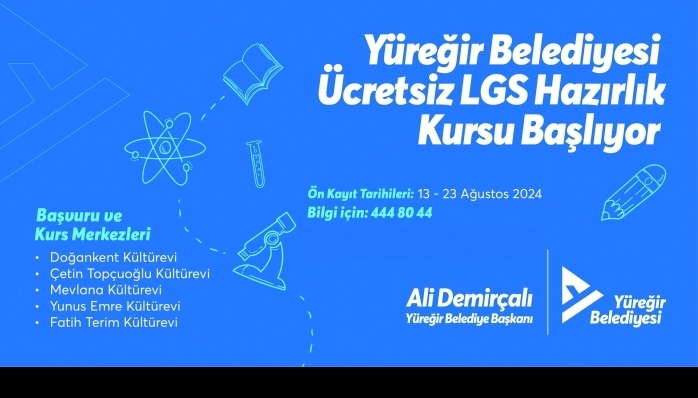 Eğitimde fırsat eşitliğini önemseyen Yüreğir Belediyesi, liseye hazırlanan öğrenciler için 5 Kültürevinde LGS hazırlık kursu ile eğitim desteği verecek.